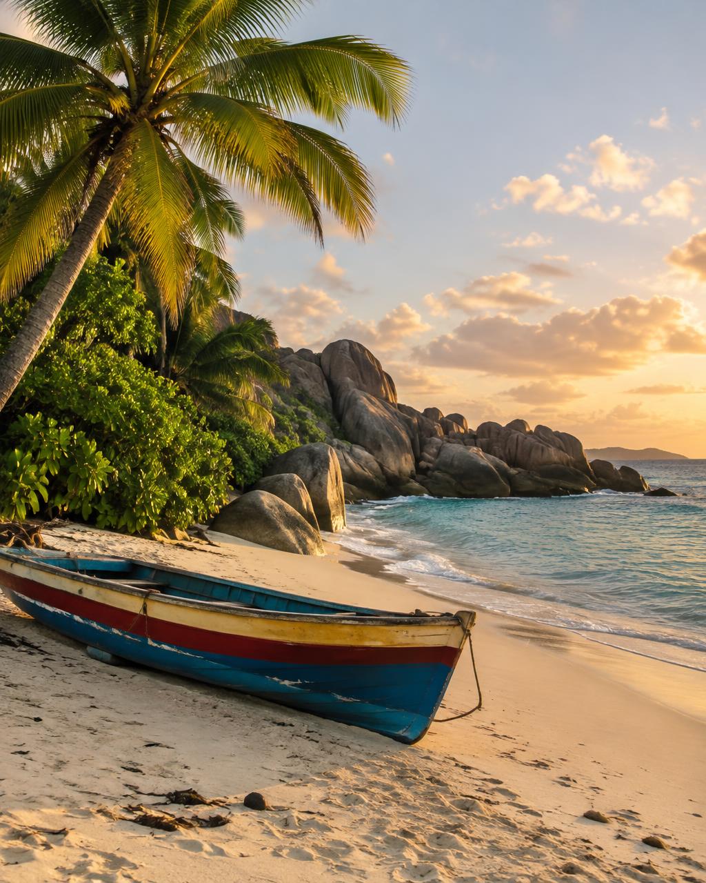 A quiet Seychelles shoreline with a traditional Creole boat