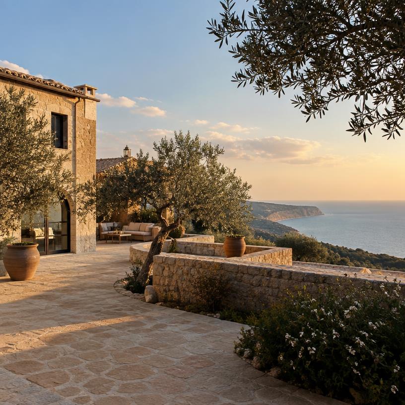 A limestone courtyard villa with olive trees in Cyprus