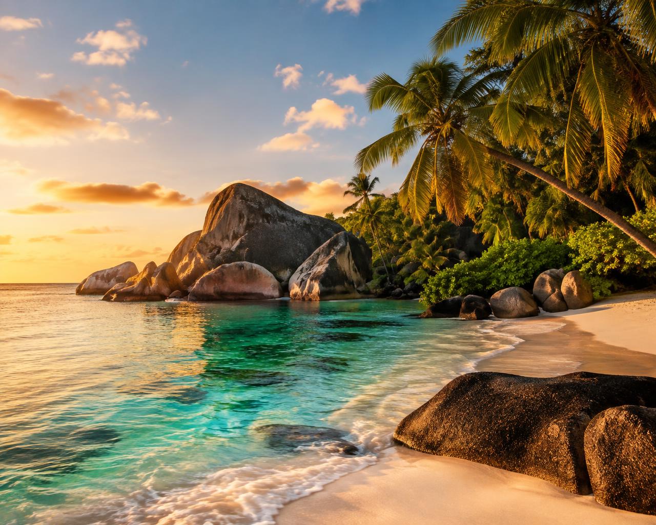 Granite boulders and turquoise lagoon in the Seychelles at golden hour