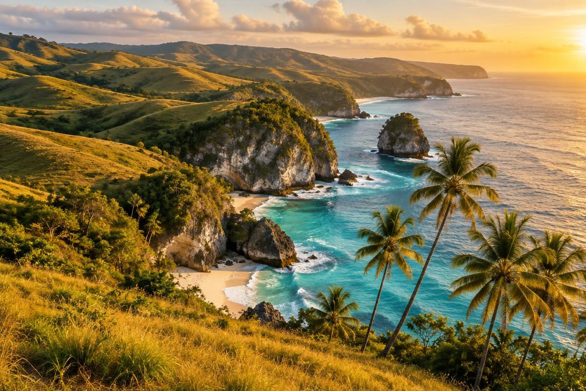 Sumba savanna hills meeting a wild coastline at golden hour
